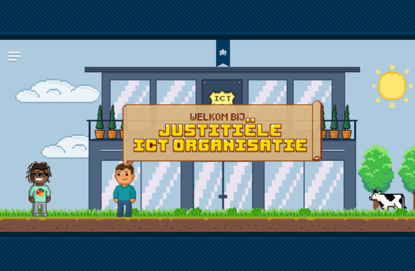 Een afbeelding van de JIO-game op Queeste der Lage Landen.  Het personage van het spel wordt voor het JIO hoofdkantoor ontvangen door een JIO-medewerker. Ze staan in een groen landschap met bomen en een koe.